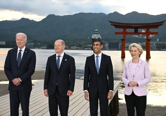 Joe Biden, German Chancellor Olaf Scholz, Rishi Sunak and European Commission President Ursula von der Leyen, pose during the G7 summit at the Itsukushima Shrine in Hiroshima, Japan last year.