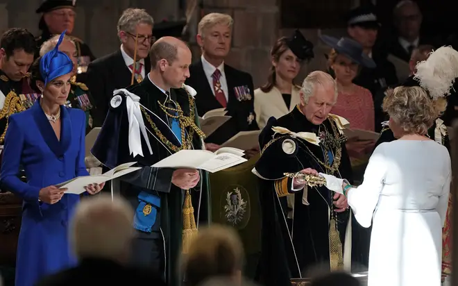 ing Charles III is presented with the Sceptre by Lady Dorrian, Lord Justice Clerk during the National Service of Thanksgiving and Dedication for King Charles III and Queen Camilla