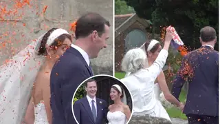 The protester poured a bag of orange confetti onto the happy couple