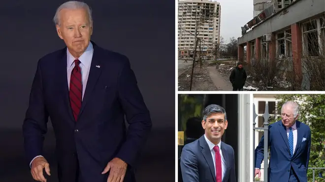 Joe Biden (l) arriving in Britain will hold talks with Rishi Sunak and King Charles amid row over cluster bombs in Ukraine