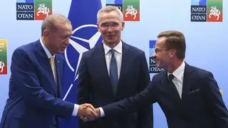 Turkey’s President Recep Tayyip Erdogan, Sweden’s Prime Minister Ulf Kristersson, right, and Nato secretary general Jens Stoltenberg met for talks ahead of the Nato summit