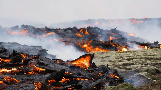 Lava emerges from a fissure of the Fagradalsfjall volcano