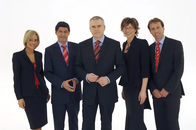Jon Sopel (centre left) and Huw Edwards (centre) were colleagues at the BBC for decades.