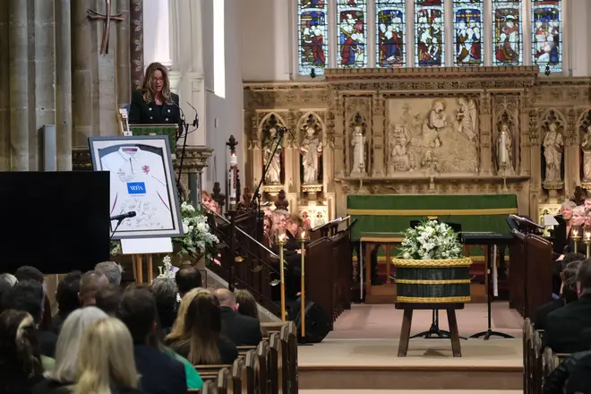 Emma Webber, the mother of Barnaby Webber, gives a reading during his funeral of at Taunton Minster in Taunton, Somerset.