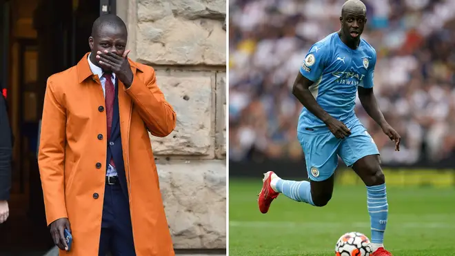 Benjamin Mendy outside Chester Crown Court (l) and playing for Manchester City (r)