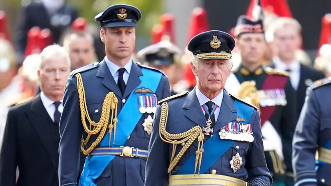 The King and the Prince of Wales are pictured during the Queen's funeral proceedings