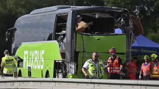One of the crashed buses at the scene of a crash between two buses on the D2 motorway near Brno, Czech Republic