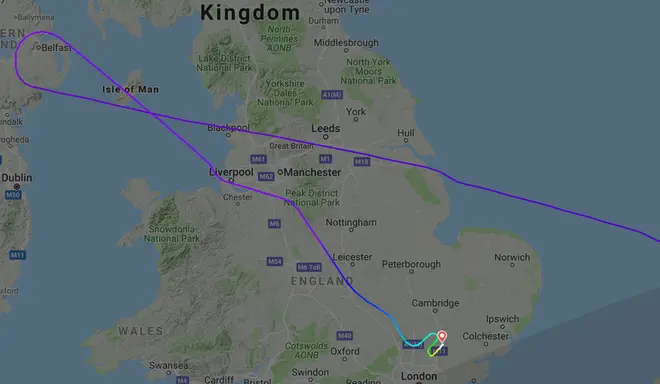 The route taken by the plane as it was diverted to Stansted
