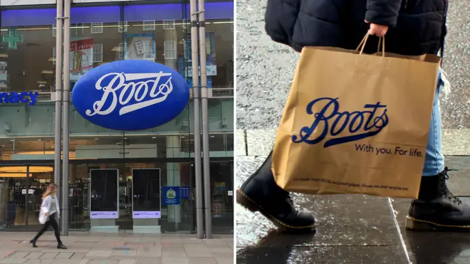 Boots store plus a person walking with a boots bag