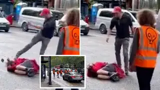Moment furious motorist throws punch and kicks at Just Stop Oil protester in London street
