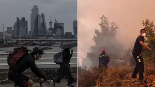 A rainy and grey city of London as two firefighters tackle wildfires in Greece