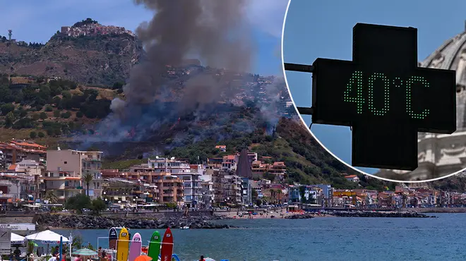 Forest fires breaking out in Italy alongside a street temperature signs that read 40 degrees