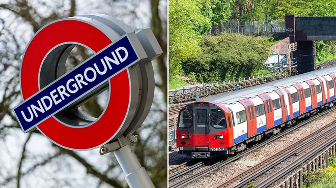 London Underground sign alongside a picture of a running tube train in service