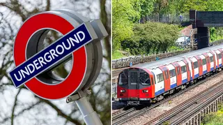 London Underground sign alongside a picture of a running tube train in service