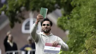 Protester Salwan Momika appears outside the Iraqi embassy in Stockholm
