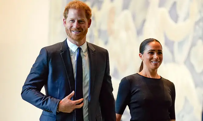 The Duke and Duchess of Sussex, Meghan and Harry, at an official event with him wearing a navy blazer and tie and Meghan wearing a black dress with a sleek ponytail