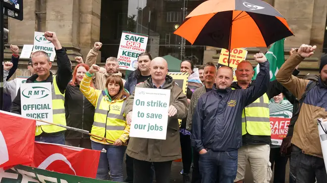 RMT general secretary Mick Lynch joins the picket line outside Newcastle Central station (Owen Humphreys/PA)