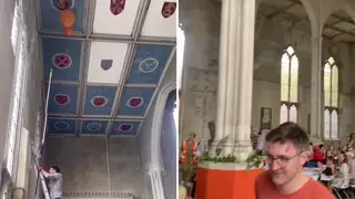 The climate activists posted a video of their members attempting to get the loud balloons off of the ceiling - while congratulating their rivals for their "action design".