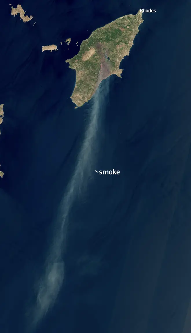 The wildfires on Rhodes, seen from the European Space Agency's Sentinel3 satellite