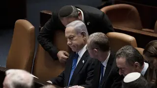 Israel’s Prime Minister Benjamin Netanyahu, centre, at a session of the Knesset, Israel’s parliament, in Jerusalem on Monday
