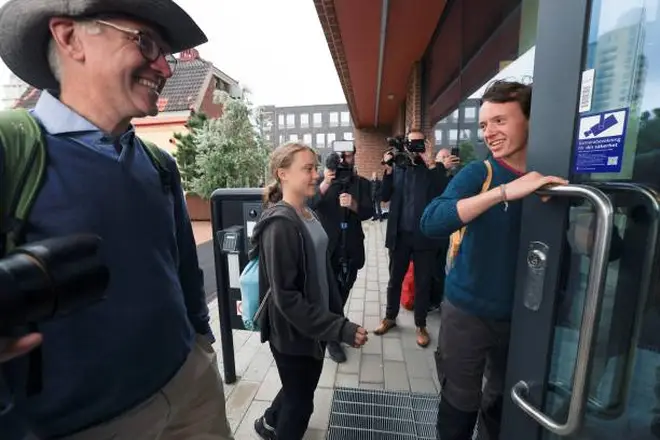Greta Thunberg entering court in Malmo