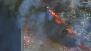 An active wildfire near Genadi on the island of Rhodes, Greece