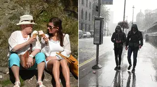 Two ladies enjoying an ice cream in the sunshine in comparison to two commuters in London rain
