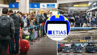 Travellers queue at an EU border gate