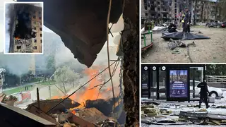 Main image, inset and top right, a Russian strike on Zelenskyy’s home town Kryvyi Rih and bottom right the drone attack on Moscow