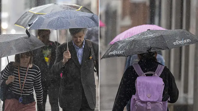 Brits walking around in London with umbrellas while the rain pours