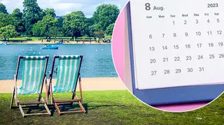 Deck chairs sitting on a sunny lake next to a calendar of August