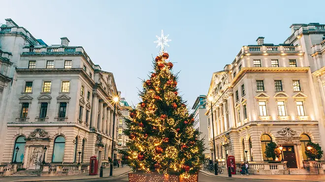 A Christmas tree in the centre of a UK town