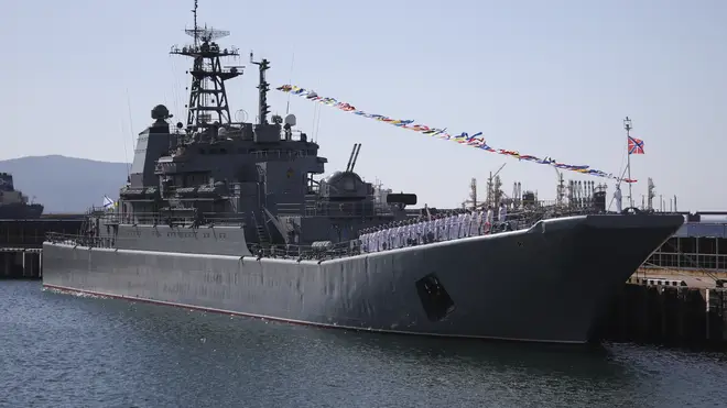 The Olenegorsky Gornyak warship moored at a harbour of Novorossiysk, Russia, on July 30