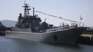 The Olenegorsky Gornyak warship moored at a harbour of Novorossiysk, Russia, on July 30