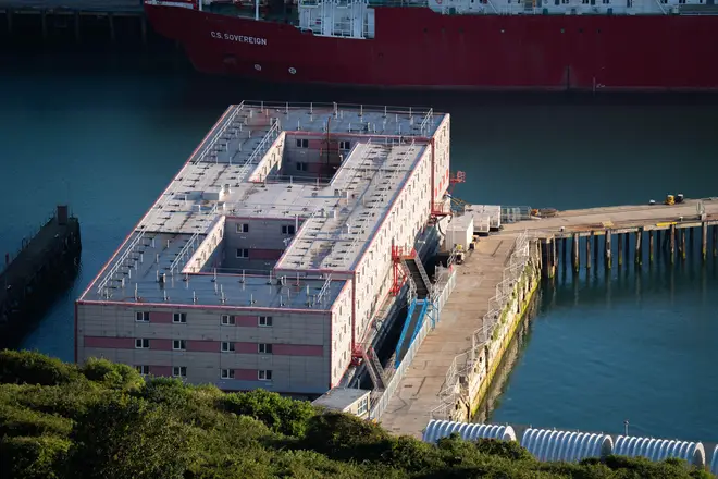 The Bibby Stockholm accommodation barge at Portland Port in Dorset, which will house up to 500 people.