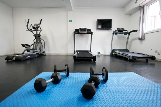 The gym onboard the Bibby Stockholm accommodation barge at Portland Port in Dorset, which will house up to 500 asylum seekers.