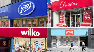Boots, Clintons, Wilko and Argos shop fronts on an empty high street