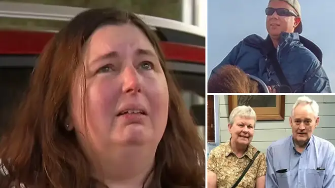 Sobbing Erin Patterson (main) when quizzed by local tv about the deaths. Simon Patterson (top r)  Ian Wilkinson and Heather Wilkinson (bottom right)