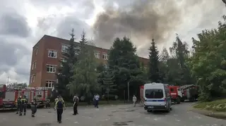 Smoke rises from the Zagorsk Optical and Mechanical Plant in the city of Sergiev Posad