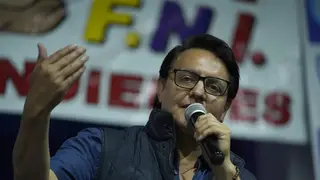 Presidential candidate Fernando Villavicencio speaks during a campaign event minutes before he was shot to death
