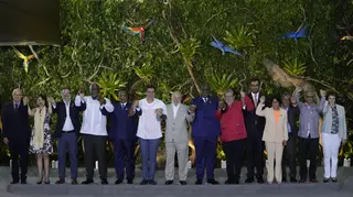 Leaders pose for a group photo during the Amazon Summit in Belem, Brazil