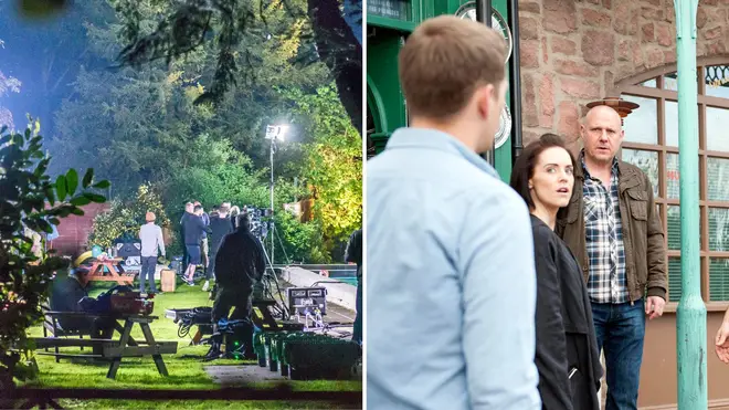 The filming of a scene for Hollyoaks in 2018 and a shot from the show in 2014