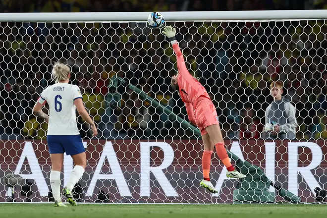 Mary Earps of England dives in vain as Leicy Santos (not pictured) of Colombia scores