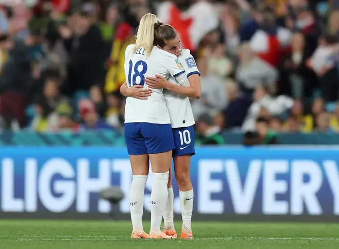 England's Chloe Kelly and Ella Toone celebrate after the game
