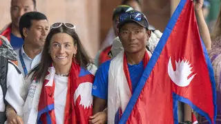 Norwegian climber Kristin Harila, left, and her Nepali sherpa guide Tenjen Sherpa, climbed the world’s 14 tallest mountains in record time