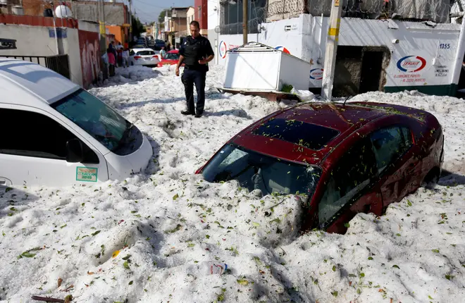 A freak hailstorm hit the Mexican city of Guadalajara, burying cars in a metre of ice.