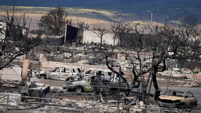 Destroyed homes and vehicles are seen in a neighborhood of  Lahaina, Hawaii