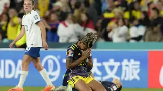 Colombia's Jorelyn Carabali on her knees after losing the Women's World Cup quarterfinal against England