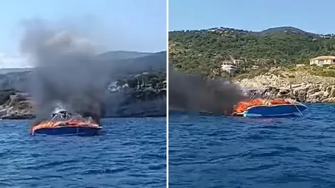 A group of Brits has been rescued after their boat spectacularly exploded while they cruised across the coast of a Greek island.