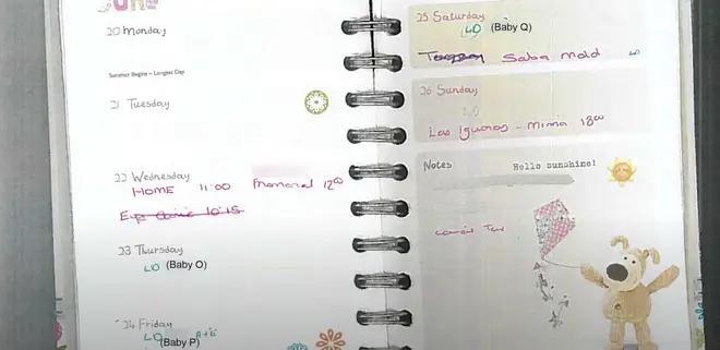 The LO code in her diary - with police annotations with the babies' IDs
